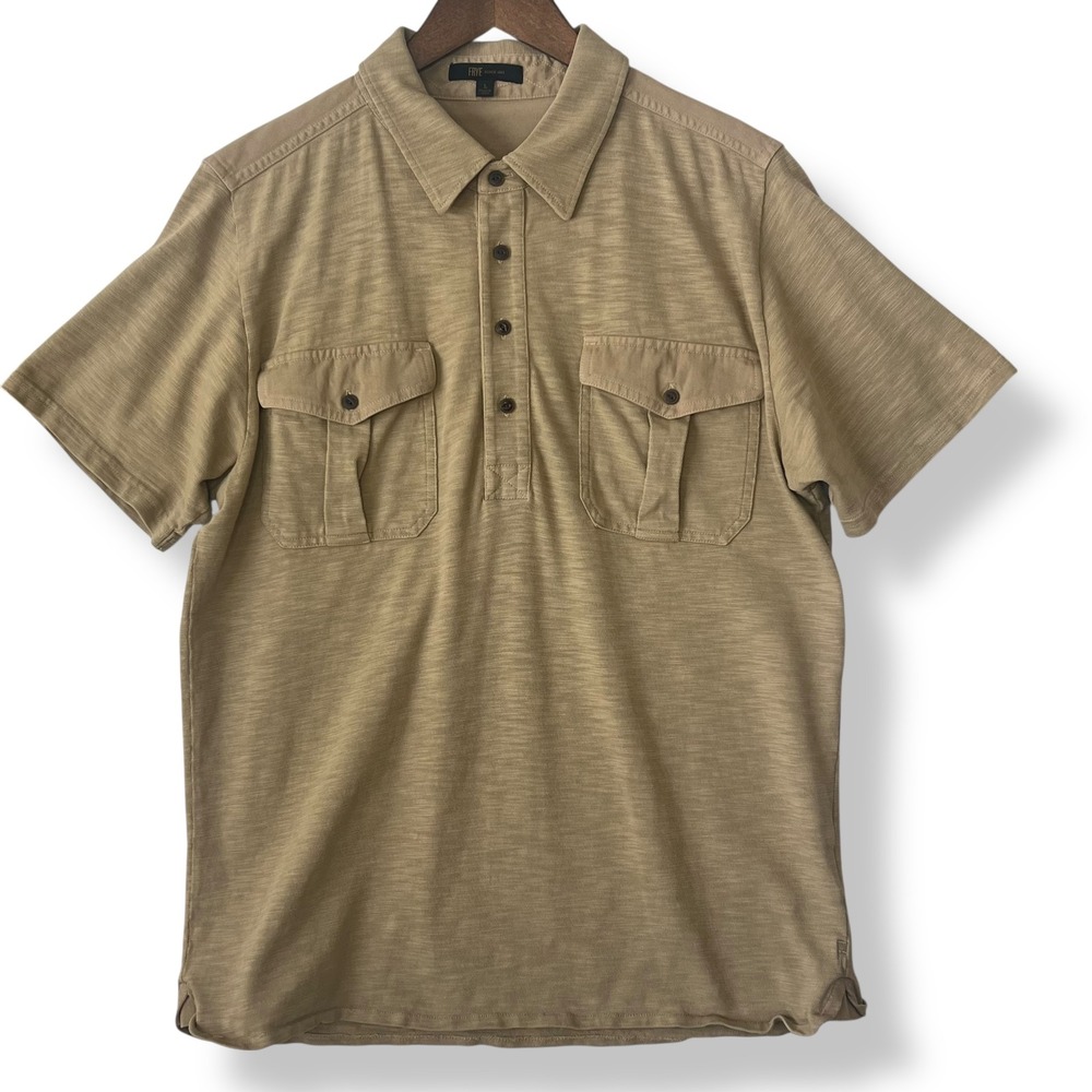 Frye Men L Slub Knit Utility Polo Shirt Tan Military 100% Cotton Two Pocket